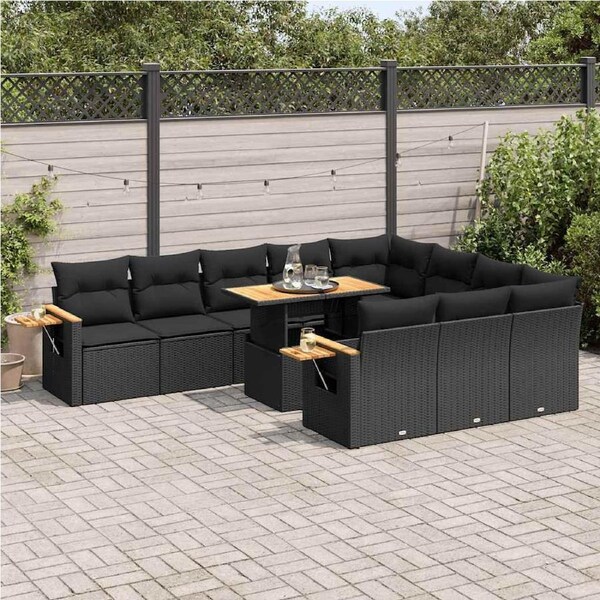 10 Piece Garden Sofa Set with Cushions Black Poly Rattan Acacia vidaXL