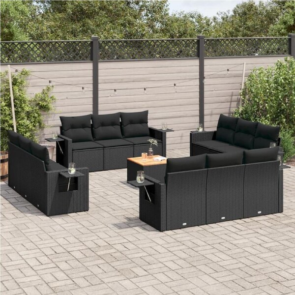 13 Piece Garden Sofa Set with Cushions Black Poly Rattan vidaXL
