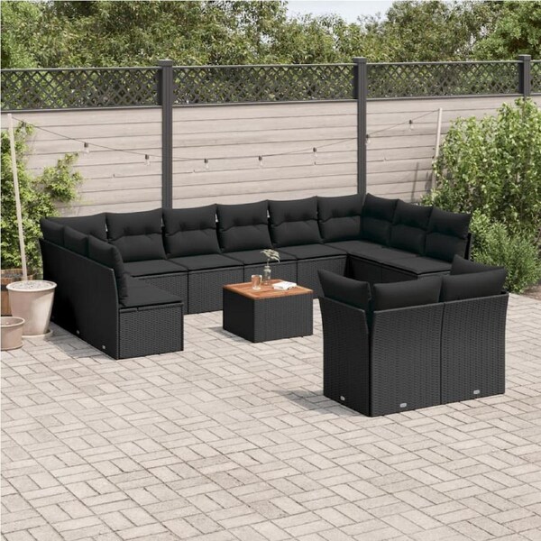 13 Piece Garden Sofa Set with Cushions Black Poly Rattan vidaXL