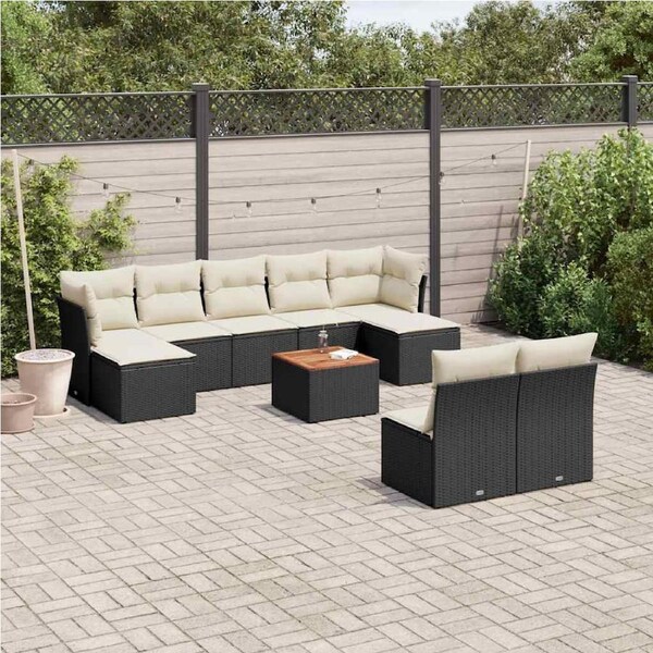 10 Piece Garden Sofa Set with Cushions Black Poly Rattan vidaXL