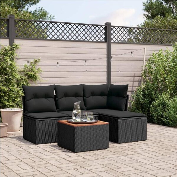 5 Piece Garden Sofa Set with Cushions Black Poly Rattan vidaXL