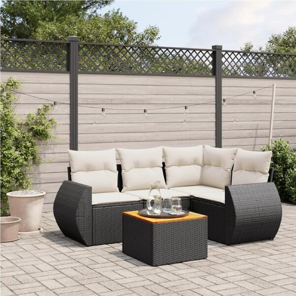 5 Piece Garden Sofa Set with Cushions Black Poly Rattan vidaXL