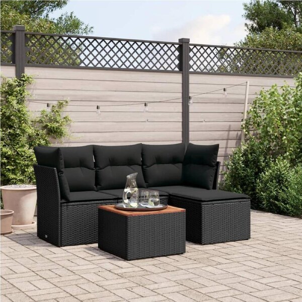 5 Piece Garden Sofa Set with Cushions Black Poly Rattan vidaXL