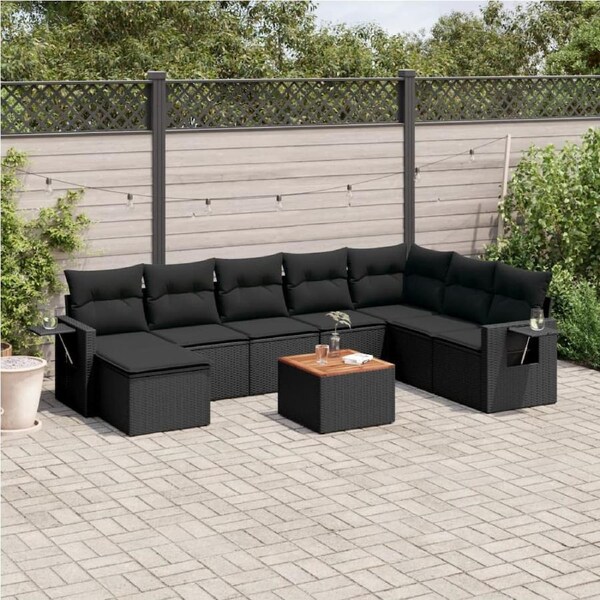 9 Piece Garden Sofa Set with Cushions Black Poly Rattan vidaXL