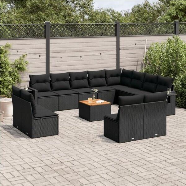 13 Piece Garden Sofa Set with Cushions Black Poly Rattan vidaXL