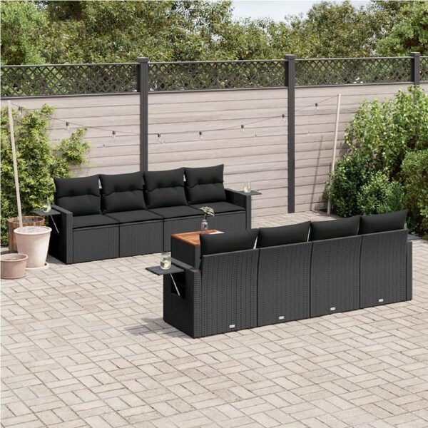 9 Piece Garden Sofa Set with Cushions Black Poly Rattan vidaXL