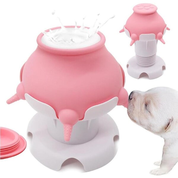 Nevenka Puppy Milk Feeder Silicone 5 Nipples Adjustable Height for Kittens-Pink