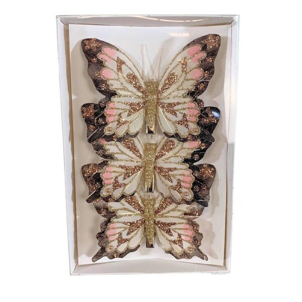 Feather Butterfly Pack of 3 Brown & Coral 12cm