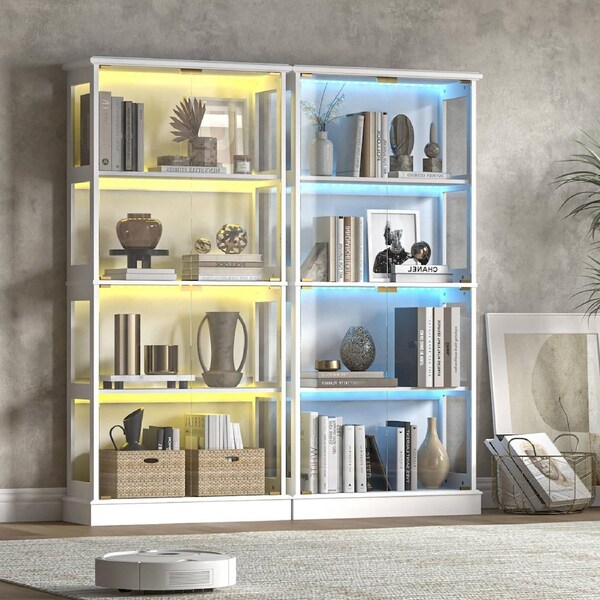 Aurora Display Cabinet 4 - Tier Shelves Set of 2 - Storage LED Light Bookcase Stand Rack White