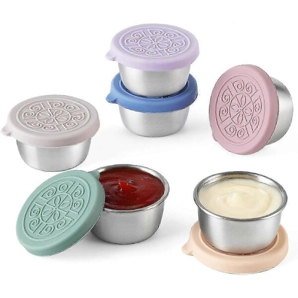 6 Pack Salad Dressing To Go Containers, 1.6 oz Small Stainless Steel Sauce Cups With Leakproof Silicone Lids, For Picnics and Travel