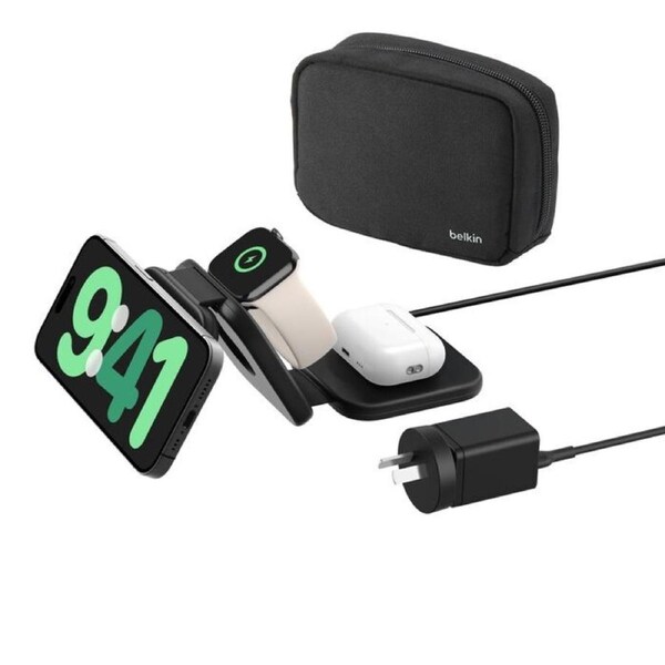 Belkin BoostcCharge Pro 3-in-1 Magnetic Wireless Travel Pad 15W With Qi2 - Black(WIZ024auBK),36W USB-C PSU,1.5m USB-C to USB-C Cable,2 Years Warranty