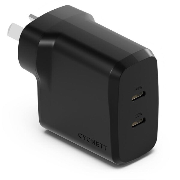 Cygnett PowerPlus 35W Dual Port USB-C PD Fast Wall Charger -Black(CY4775PDWCH),2xUSB-C(35W), Best for iPhone,Samsung's PPS & USB-C Devices, 2 Years Wa