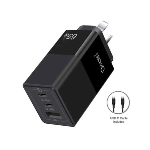 Oxhorn 65W GaN Type C fast Charger 3 Port 2xUSB-C 1xUSB-A PD3.0 QC4.0 PPS AUS Approved C-tick Black with cable