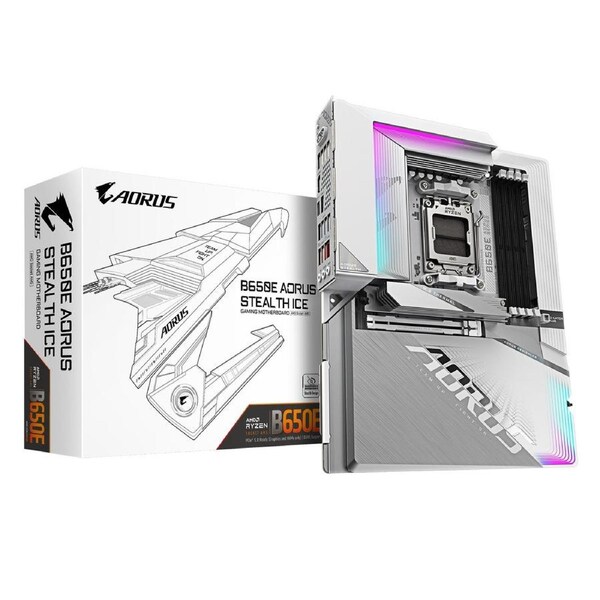 Gigabyte B650E AORUS STEALTH ICE AMD AM5 ATX Motherboard 4x DDR5~256GB,1x PCIe x16, 3x M.2, 4x SATA 6, 8x USB 3.2, 1x USB-C, 4x USB 2.0