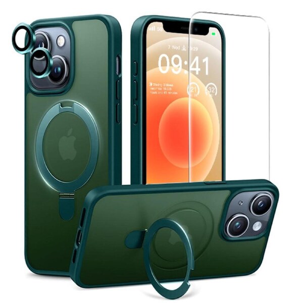 ZUSLAB iPhone 12 / 12 Pro Case, Magnetic Stand, Screen & Camera Protector, Shockproof, MagSafe Compatible (Green)