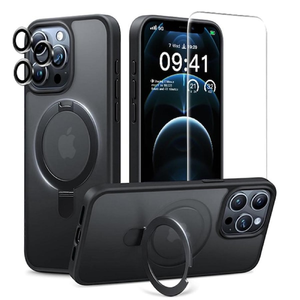 ZUSLAB iPhone 12 Pro Max Case, Magnetic Stand, Screen & Camera Protector, Shockproof, MagSafe Compatible (Black)