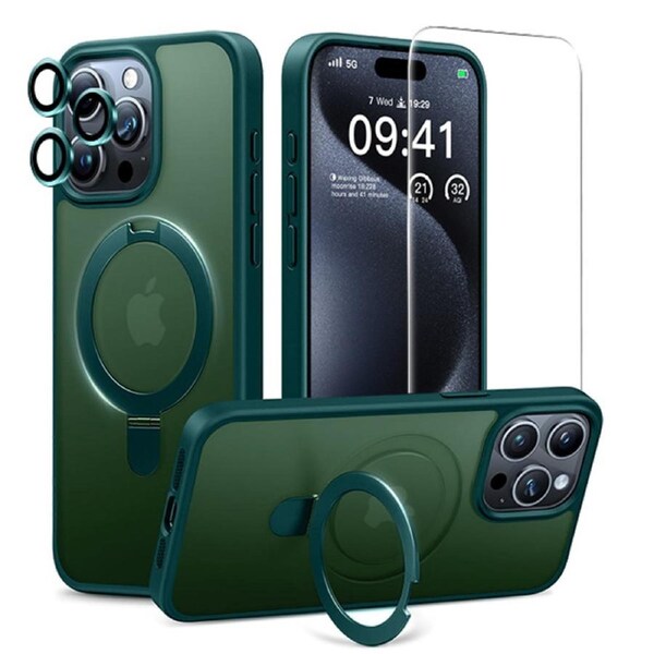 ZUSLAB iPhone 15 Pro Max Case, Magnetic Stand, Screen & Camera Protector, Shockproof, MagSafe Compatible (Green)