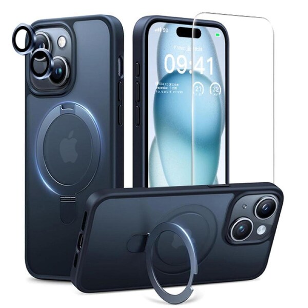 ZUSLAB iPhone 15 Case, Magnetic Stand, Screen & Camera Protector, Shockproof, MagSafe Compatible (Blue)
