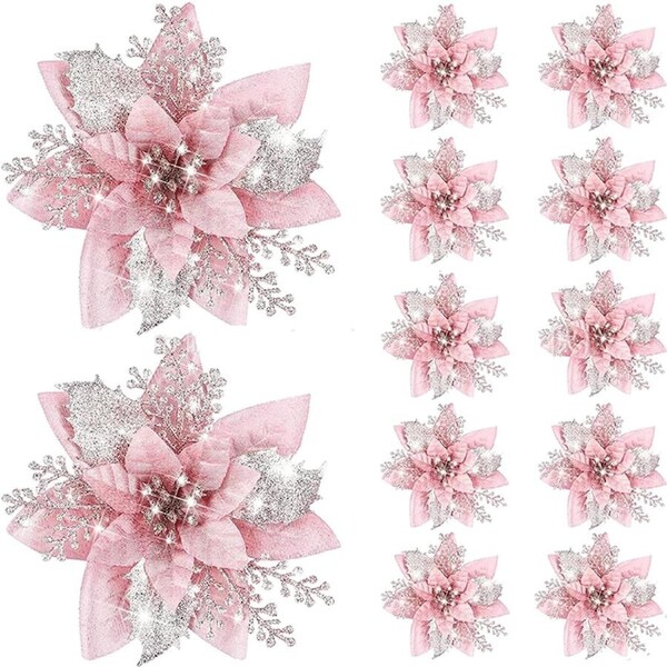 12 Pack Artificial Flowers Glitter Christmas Tree Ornaments for Party Decoration Pink