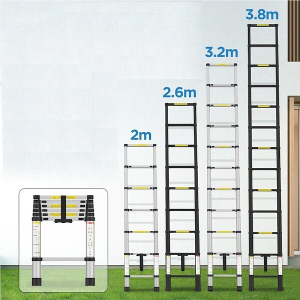 Advwin 2m/2.6m/3.2m/3.8m Telescopic Ladder Multi-Purpose Aluminum Step Portable Extension 150KG Max Capacity Black / 3.8m