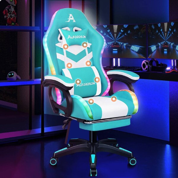 ALFORDSON Gaming Office Chair 12 RGB LED Massage Computer Work Seat Footrest Cyan & White