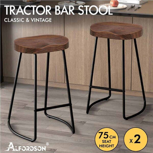 ALFORDSON Tractor Bar Stools Kitchen Wooden Vintage Retro Industrial Chairs Dark - 75cm x 2