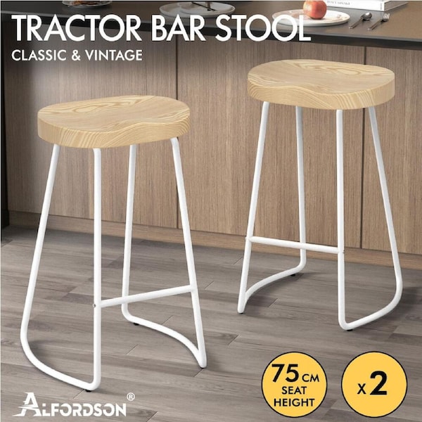 ALFORDSON Tractor Bar Stools Kitchen Wooden Vintage Retro Industrial Chairs Natural & White - 75cm x 2
