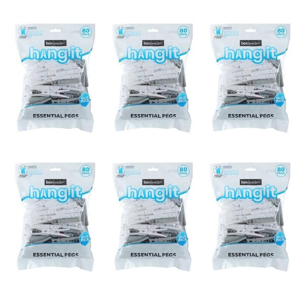 6PK 80pc Boxsweden Hangit Essential Durable Pegs Value Pack Grey/White