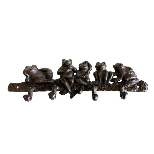 Mr Gecko Cast Iron Handcrafted 4 Hooks Wall Hanger Frogs Design Antique Rust