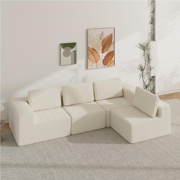 Advwin 340cm 4 Seater Sofa Convertible L Shaped Sofa Chenille Sectional Couch No Assembly Foam Modular Sofa Beige