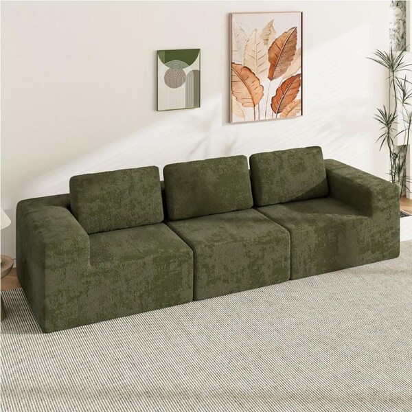 Advwin 3 Seater Sofa 265cm Chenille Compressed Sofa Modular Foam Couch No Assembly Green
