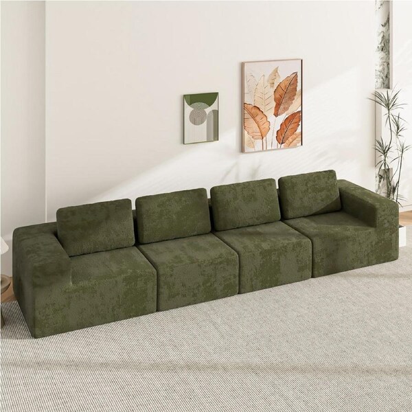 Advwin 4 Seater Sofa 340cm Chenille Modular L Shape Sofa Compressed Foam Couch No Assembly Green