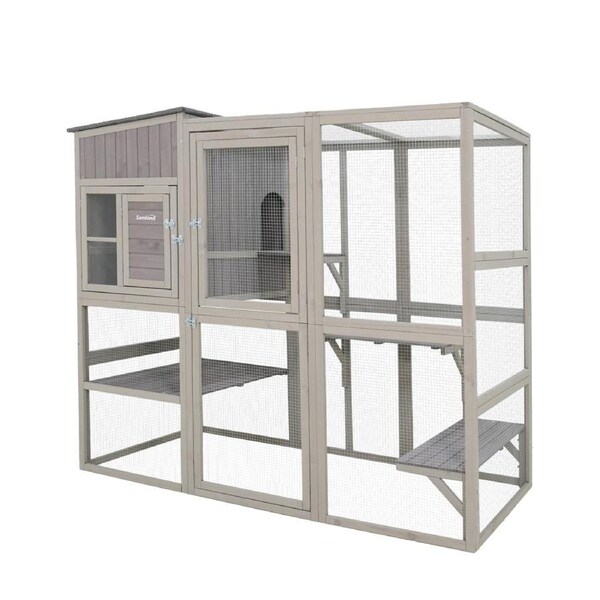 Samland Large Indoor & Outdoor Wooden Cat Enclosure with Sleeping House & Climbing Platforms