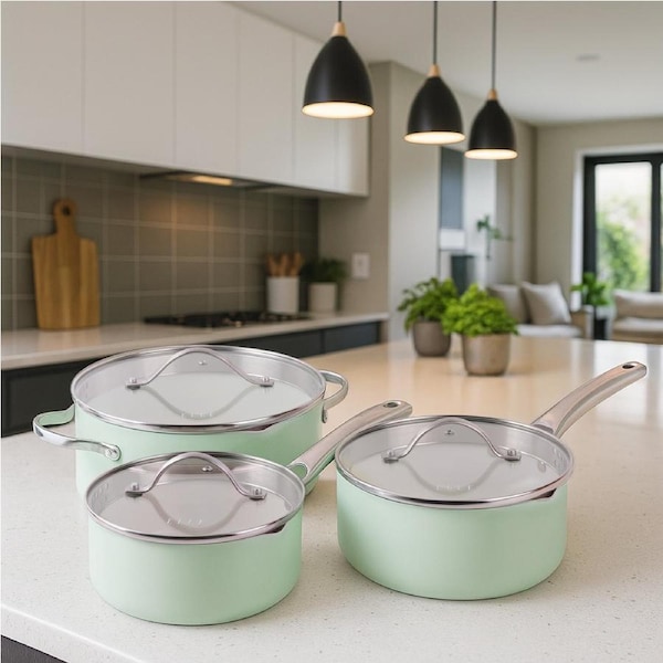 ELLE Home 6 Piece Saucepan Set – Ceramic Non-Stick Induction Cookware, Glacier