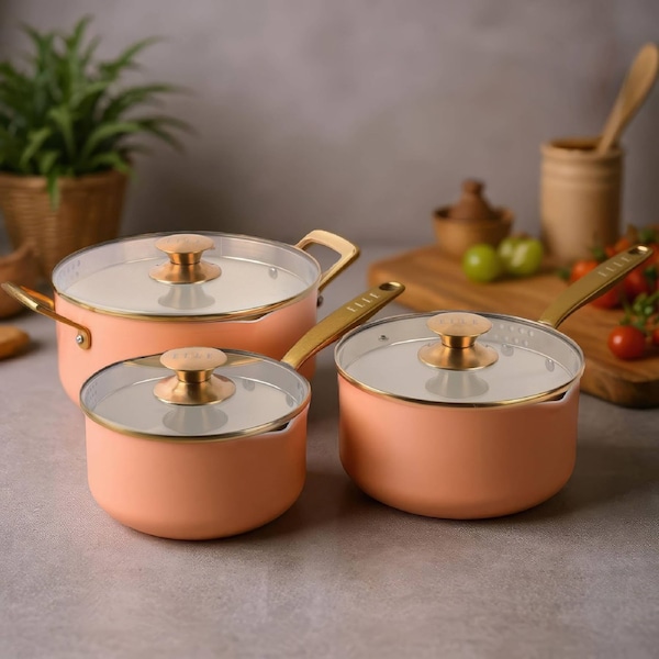 ELLE Home Non-Stick Saucepan Set - 6pc Ceramic Induction Cookware, Apricot with Gold Handles