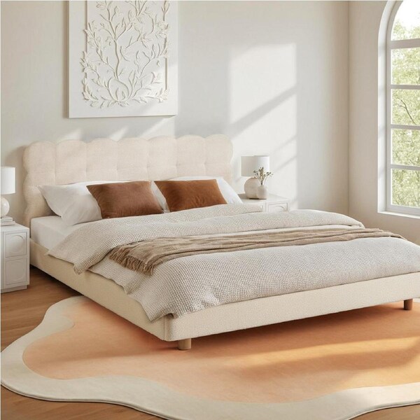 Artiss Queen Bed Frame Cloud Headboard Boucle Fabric Mattress Platform Base White