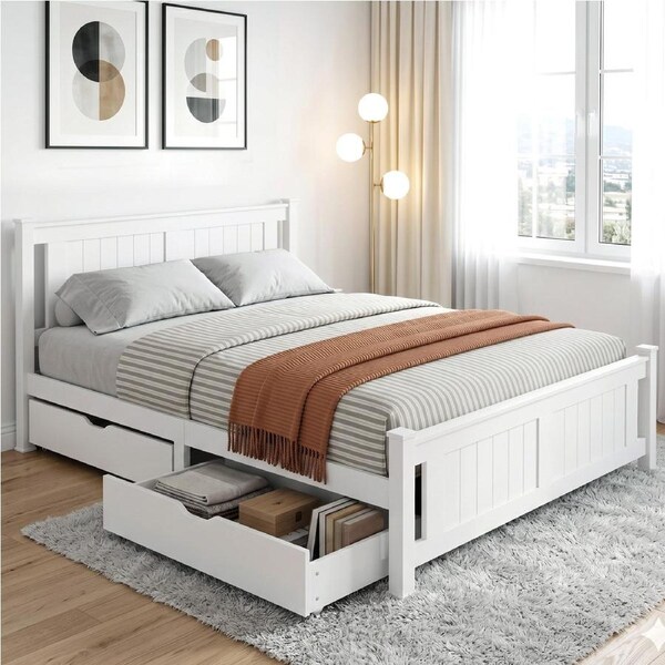 Artiss Bed Frame Double Size Wooden Base with 2 Drawers??White??