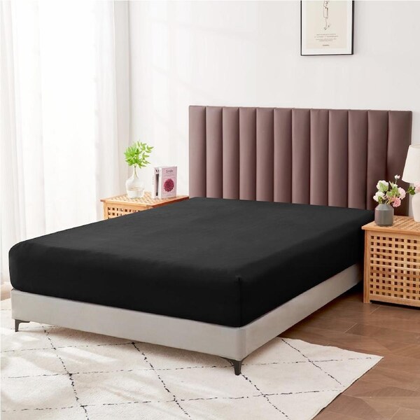 LINENOVA Cotton Blend Deep Fitted Sheet 40CM Pocket Ultra Soft Breathable Durable For All Seasons Single / Black