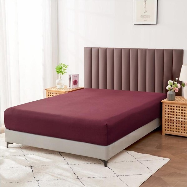 LINENOVA Cotton Blend Deep Fitted Sheet 40CM Pocket Ultra Soft Breathable Durable For All Seasons King Single / Burgundy