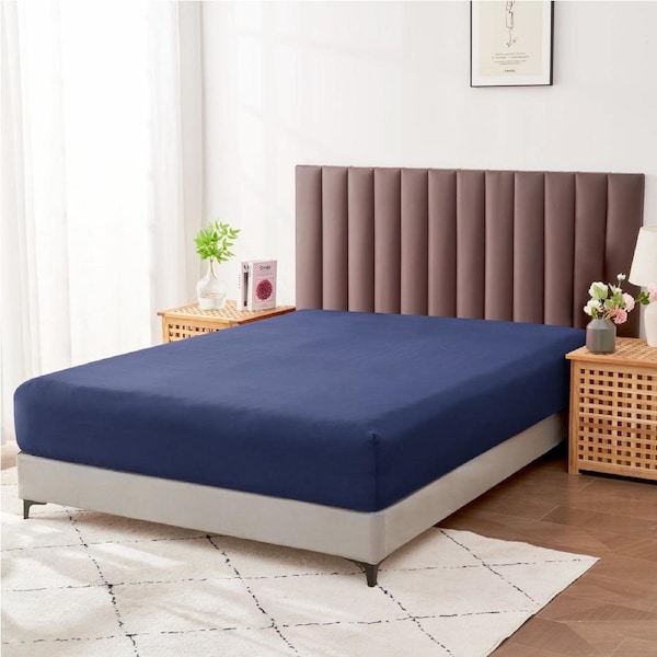 LINENOVA Cotton Blend Deep Fitted Sheet 40CM Pocket Ultra Soft Breathable Durable For All Seasons Double / Navy