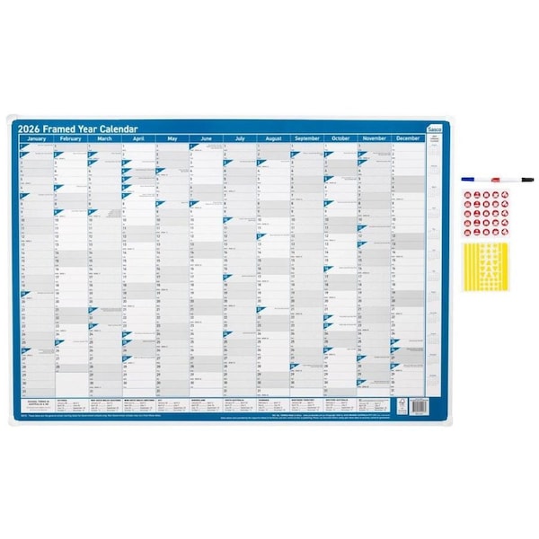 2026 Year Planner Sasco 1000x700mm Wall Blue Framed, ACCO 1058826