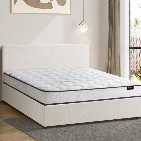 Oikiture Bed Frame Double Size Gas Lift Boucle Beds With Mattress Set