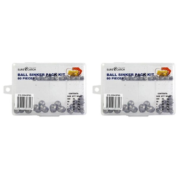 2x 80pc Surecatch Ball Sinkers in Tackle Box Assorted Ball Sinker Pack