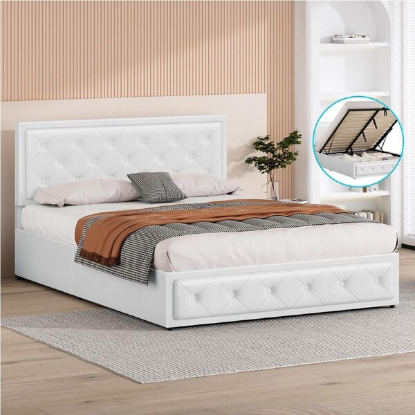 ALFORDSON Bed Frame Double Gas Lift Storage Base Leather White
