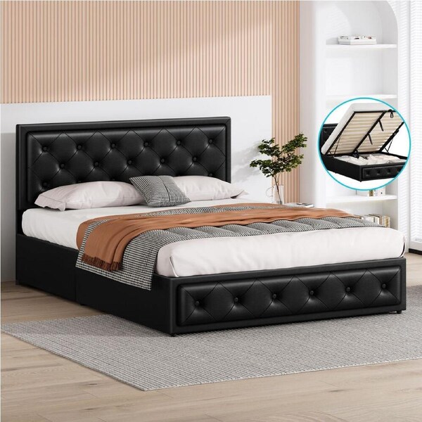 ALFORDSON Bed Frame Queen Gas Lift Storage Base Leather Black