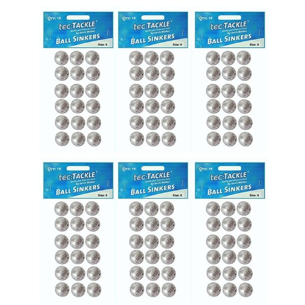 6x 18pc Jarvis Walker Ball Fishing Pre Packed Sinkers - Size 0