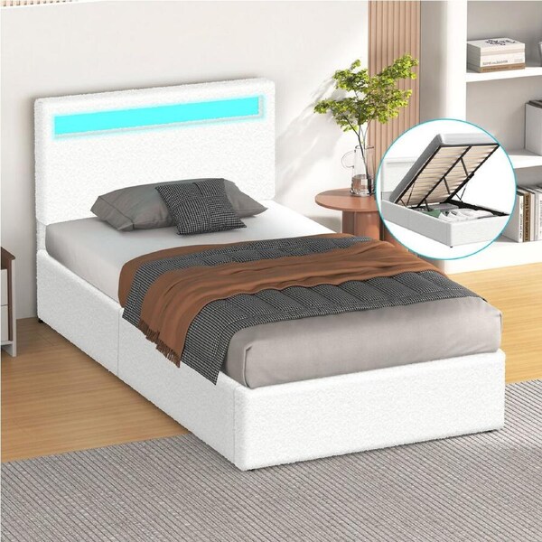 ALFORDSON Bed Frame King Single RGB LED Gas Lift Storage Base Boucle