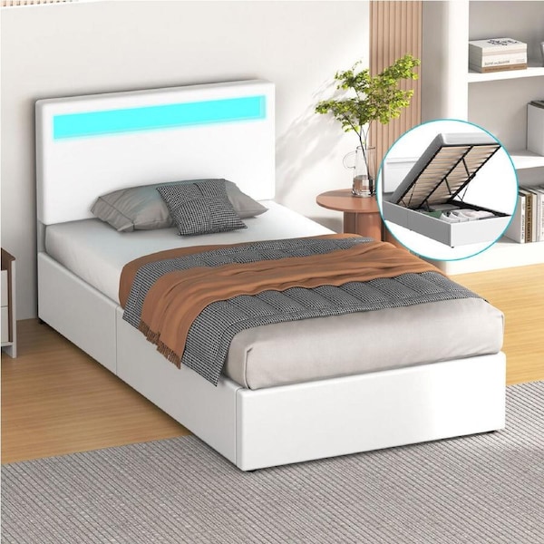 ALFORDSON Bed Frame King Single RGB LED Gas Lift Storage Base White