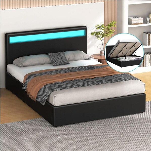 ALFORDSON Bed Frame King RGB LED Gas Lift Storage Base Black