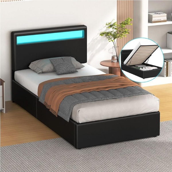 ALFORDSON Bed Frame Single RGB LED Gas Lift Storage Base Black